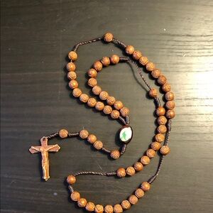 Wooden Rose Bead Rosary Necklace with Crucifix